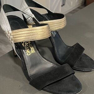 Salvatore Ferragamo Black and Gold Heels